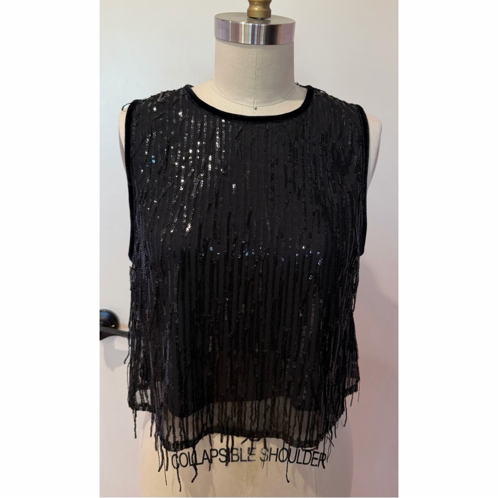 Avec Les Filles Black Sequin Fringe Crop Top